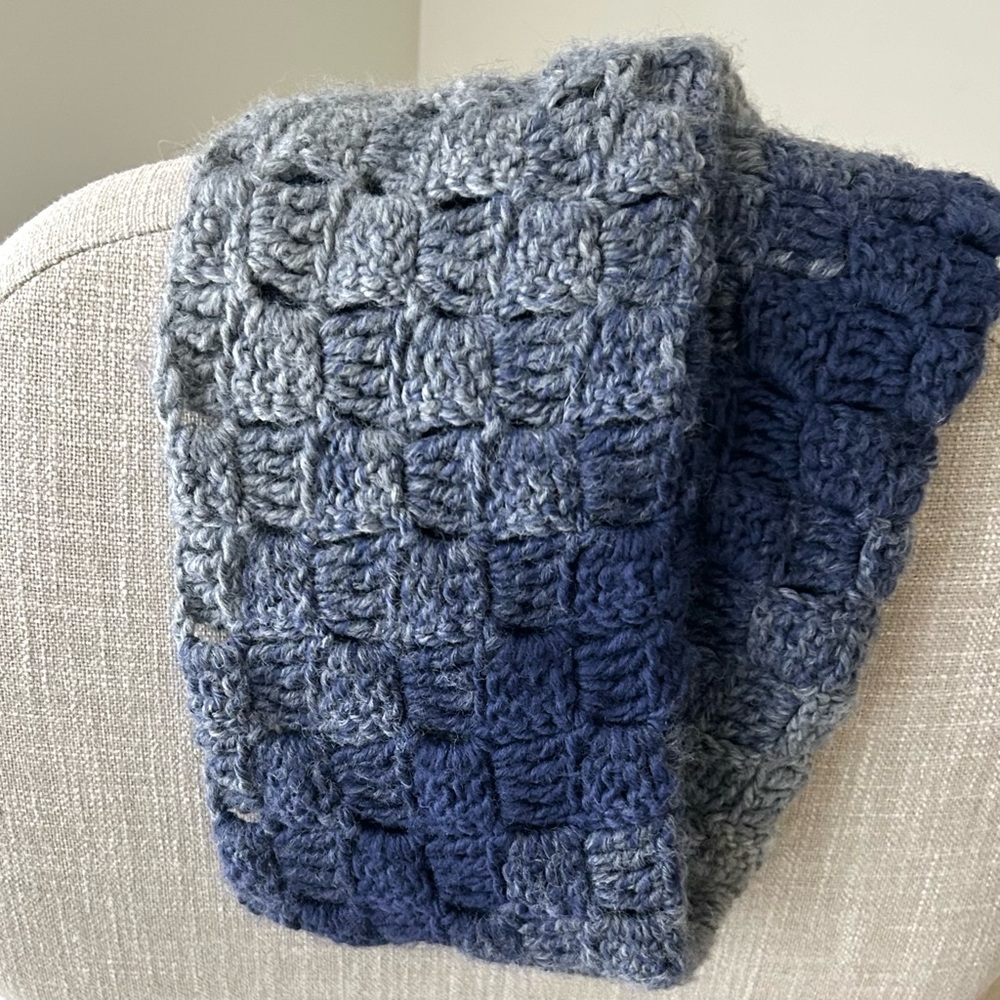 Handmade Crochet Infinity Scarf Denim Blue and Charcoal Gray - Picture 3 of 4
